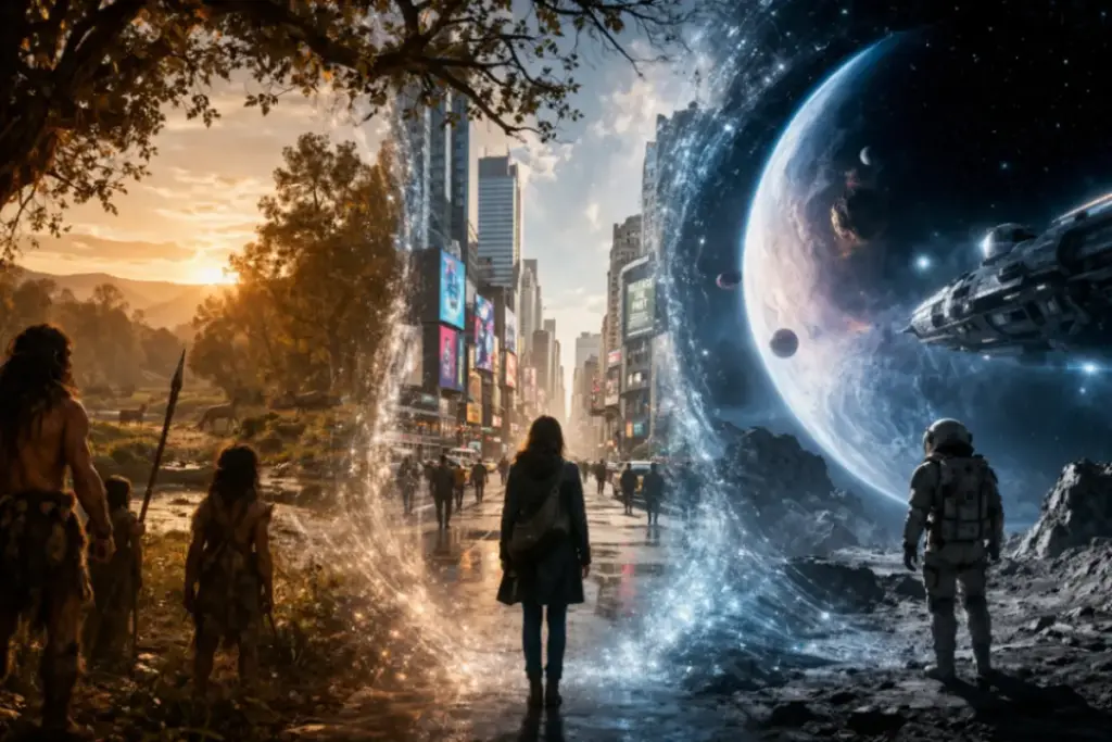 scene di preistoria città moderna e spazio unite in un’unica immagine