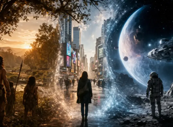 scene di preistoria città moderna e spazio unite in un’unica immagine