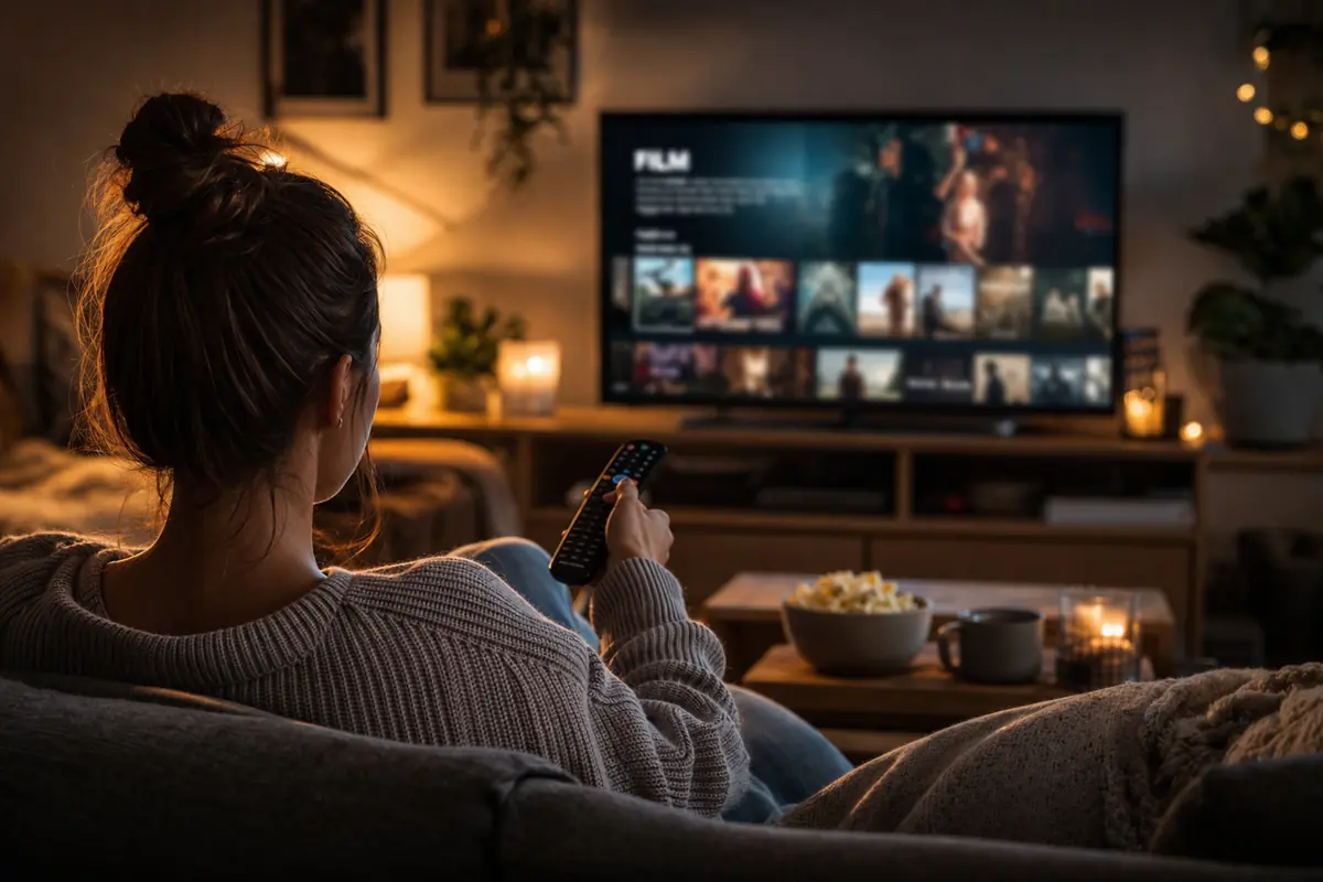 persona sul divano che sceglie cosa guardare in televisione la sera