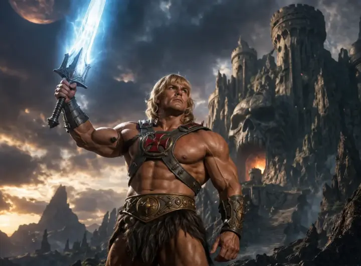 guerriero fantasy con spada luminosa in ambientazione epica