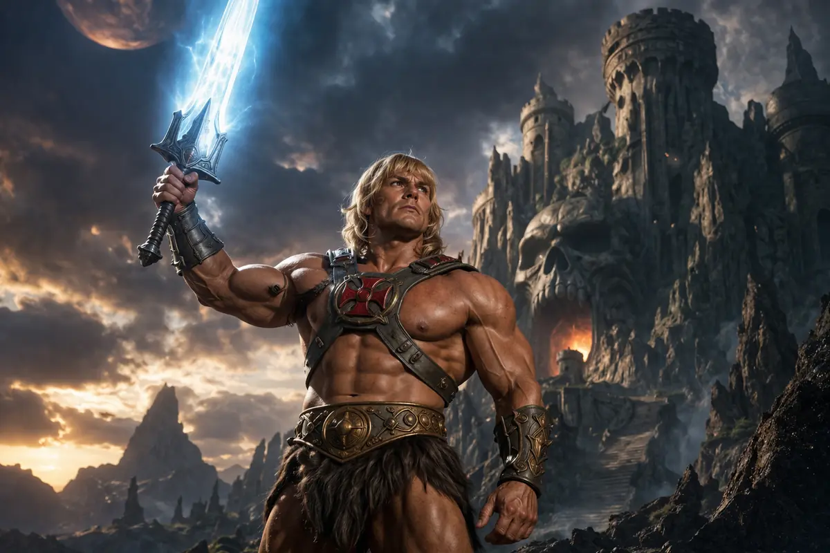 guerriero fantasy con spada luminosa in ambientazione epica